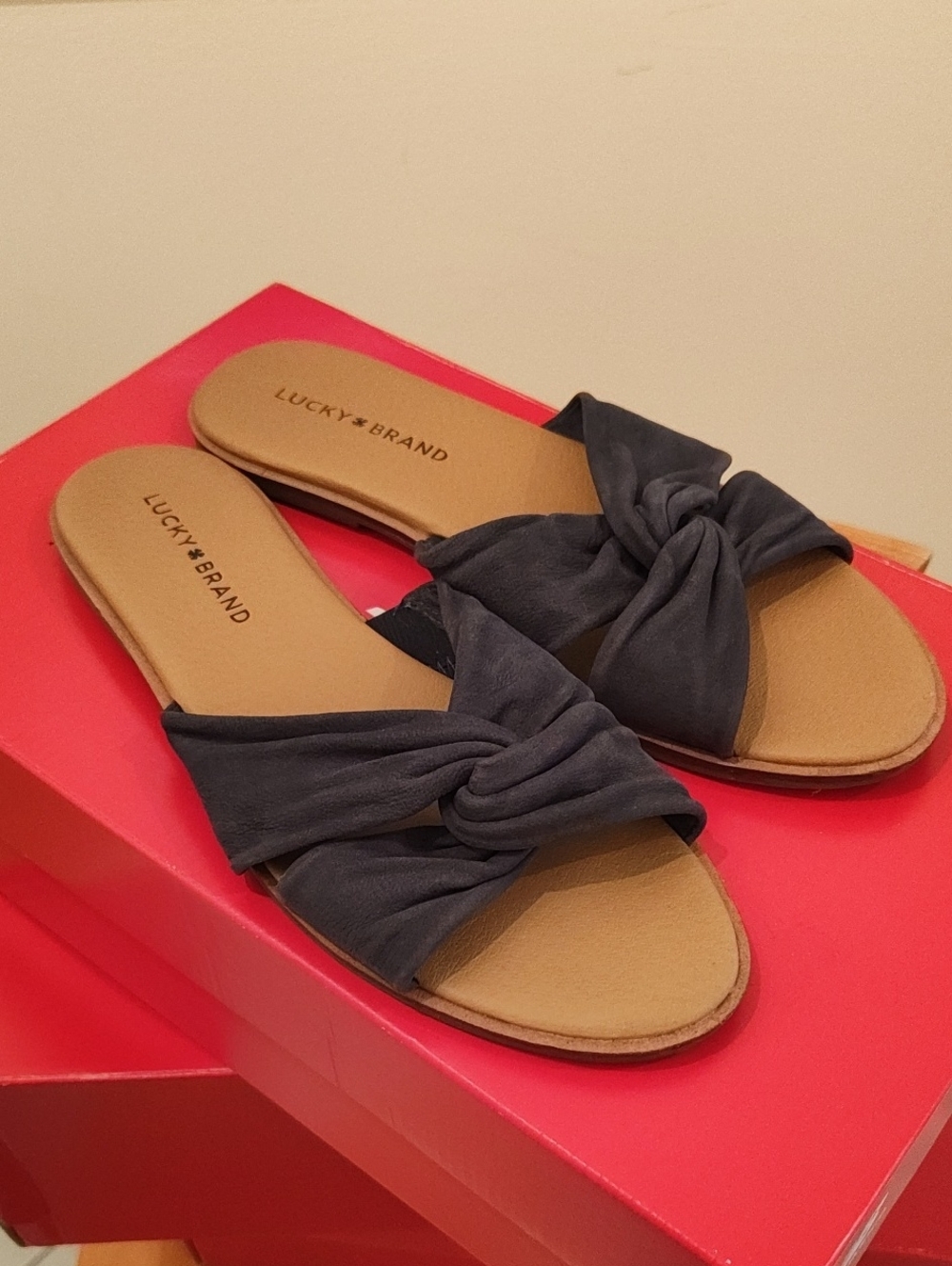 Lucky Brand Navy Knotted Slide Sandals with Tan Footbed
